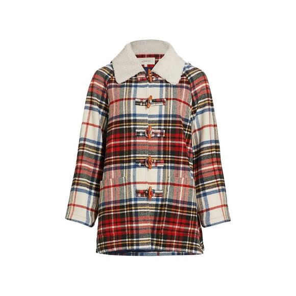 The Great. The Cabinmate Toggle Jacket Faux Shearling Greenwood Plaid size Large - Picture 3 of 13